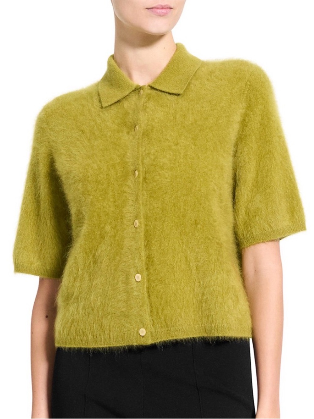Theory Pear Green Fuzzy Short-Sleeve Button Cardigan
